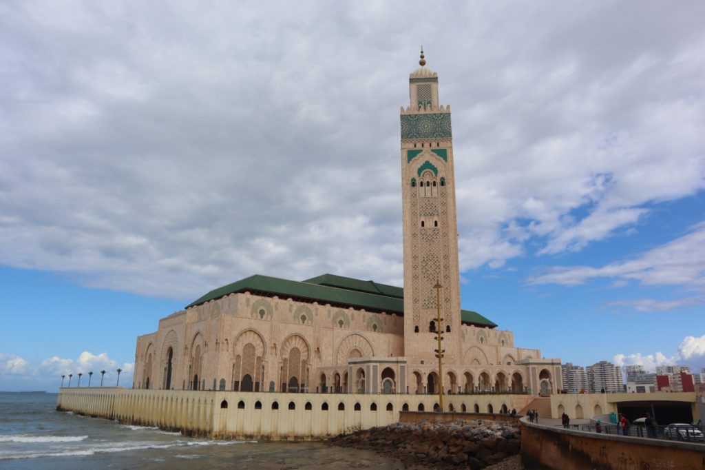 the most beautiful mosque in the world, Hassan II mosque in Casablanca, cloudy sky