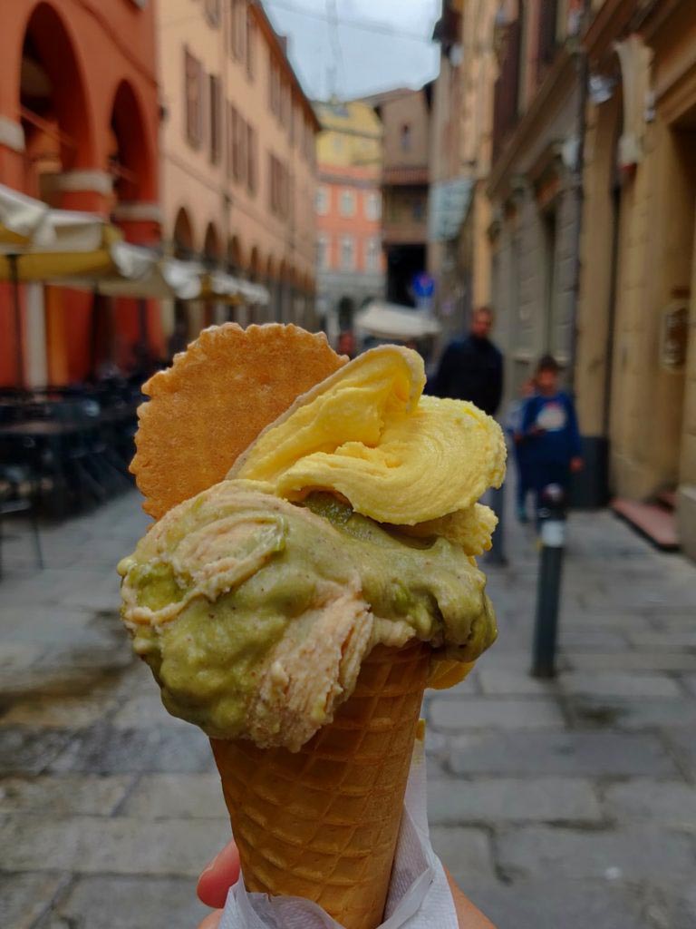 ice cream cone, street in Bologna Italy
