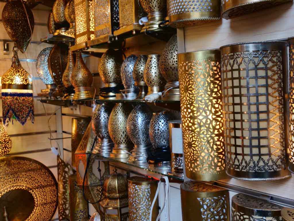 Handmade lamps and lanterns in shop