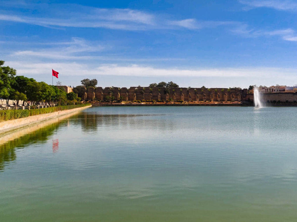 Large artificial lake with fountain in the back, Basin d'Agdal in Meknes