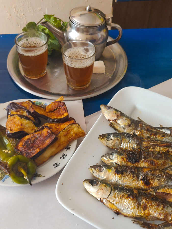 grilled Sardines, fried vegetables, fresh mint tea at Chez Fatima in Essaouira Morocco. Best restaurant in Essaouira