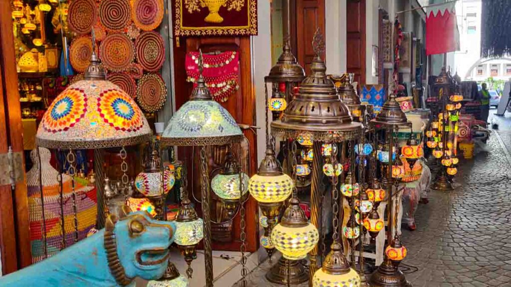 Lamps in front of a shop in the souk of Manama Bahrain. sightseeing in Bahrain