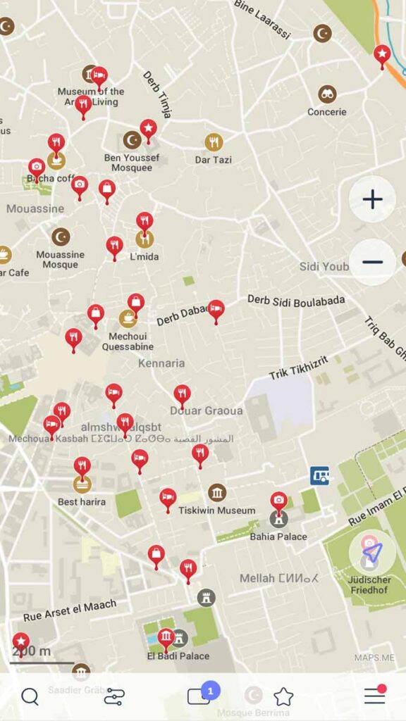 screenshot von der maps.me app, medina in Marokko mit Markierungen für Restaurants und Sehenswürdigkeiten
besten Reise-Apps